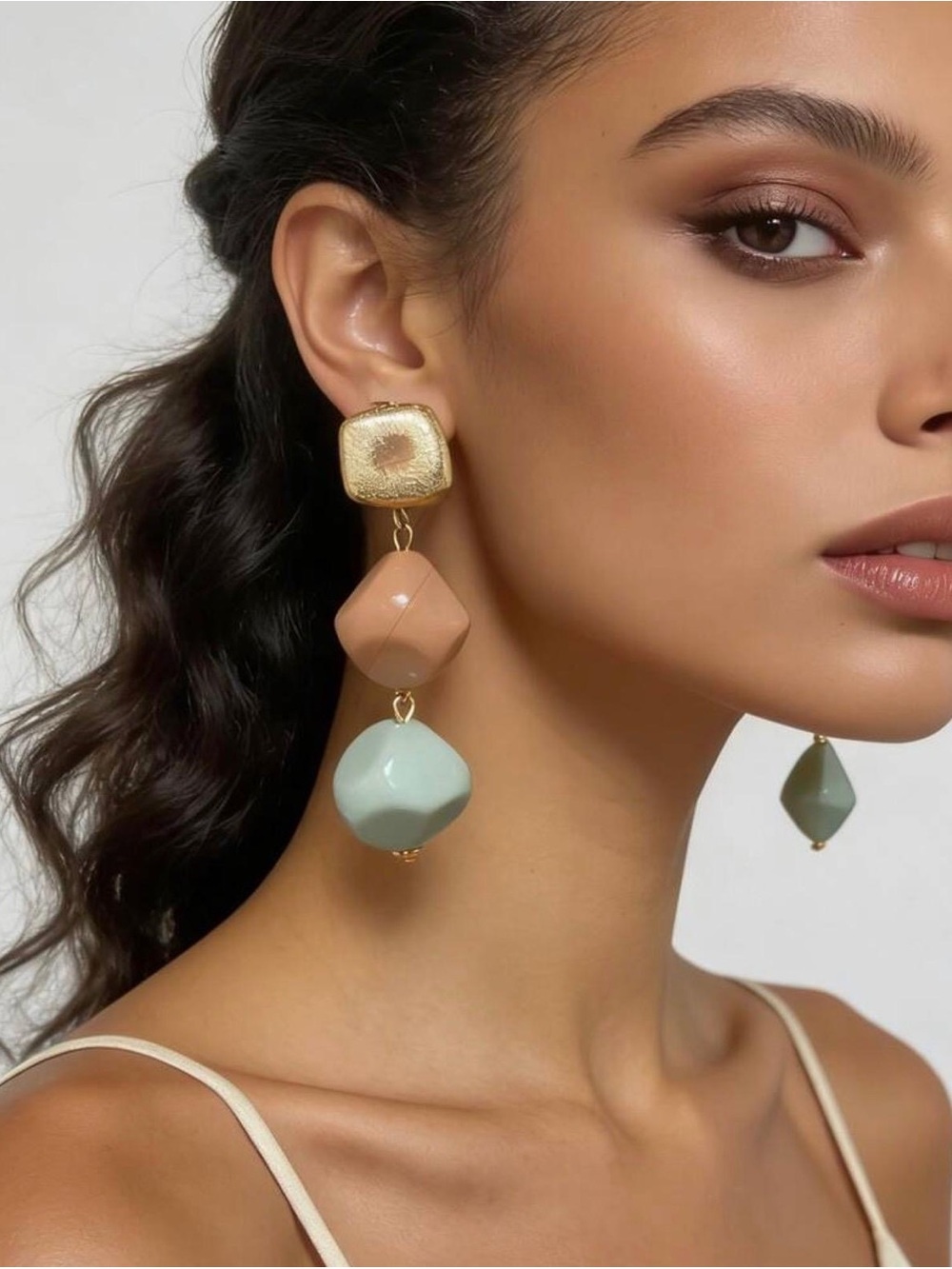 Gold Drop Earrings with Peach and Mint Beads